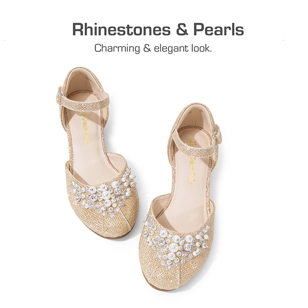 Girls Pearl Low Wedge Shoes - GOLD-GLITTER - 3
